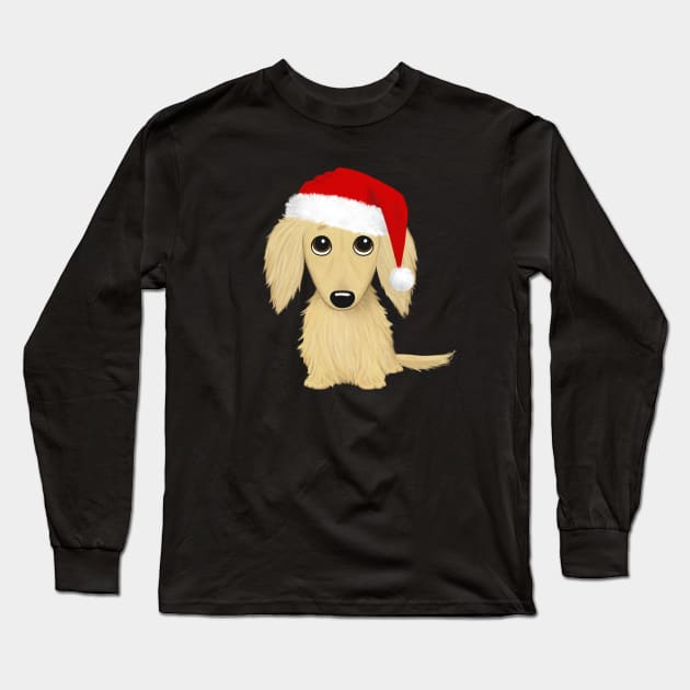 Longhaired Cream Dachshund with Santa Hat Cute Dog Christmas Long Sleeve T-Shirt by Coffee Squirrel